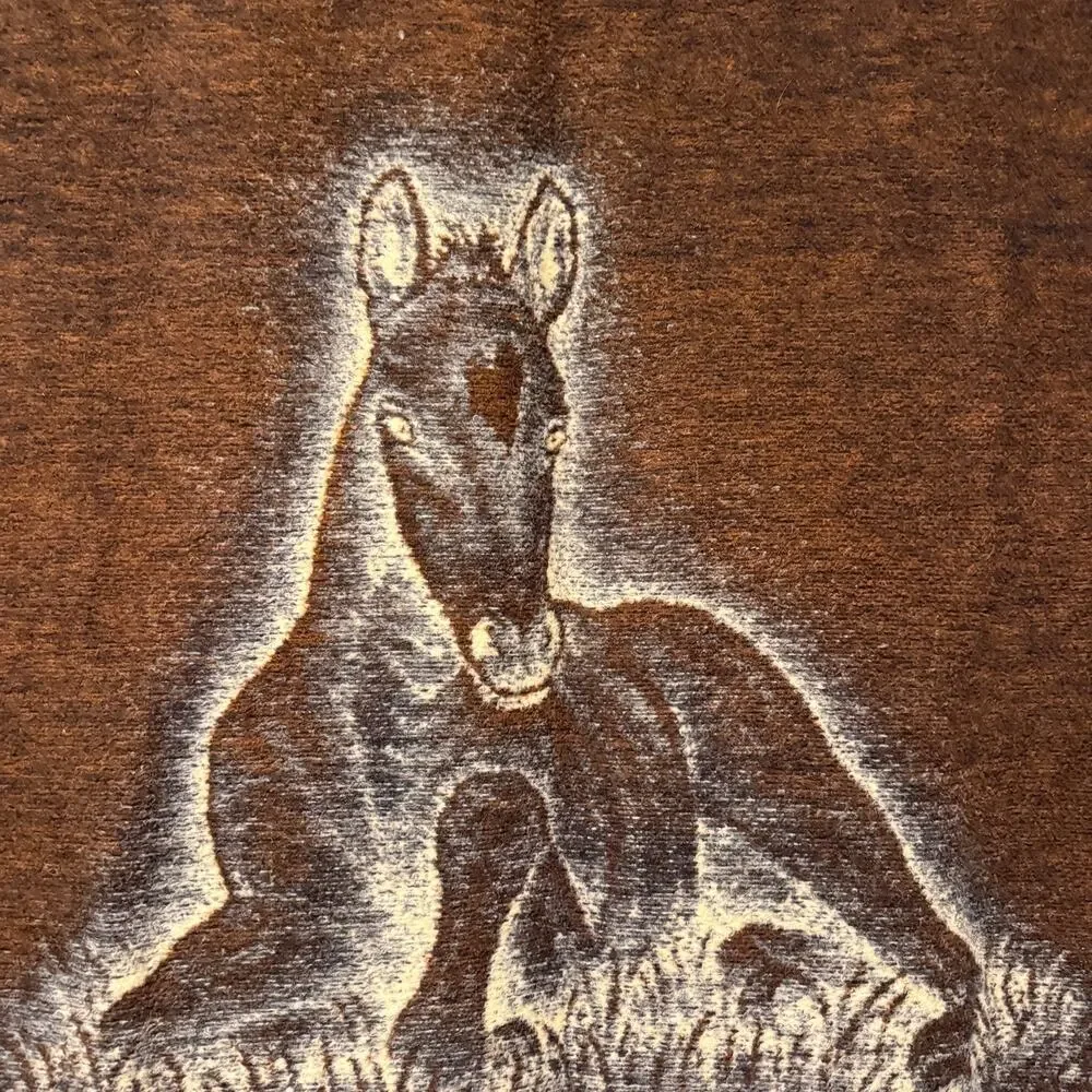 Vtg 80s Biederlack baby horse throw blanket - foal colt laying down brown 52x52